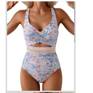 B2PRITY Floral‎ One Piece Swimsuit Blue Pink Cutout Wrap Front Medium NWT